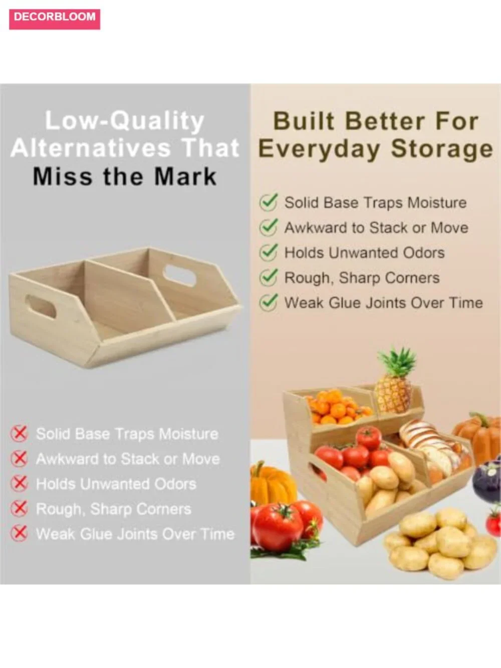 Bamboo Stackable Pantry Storage Bins with Handles, Set of 3